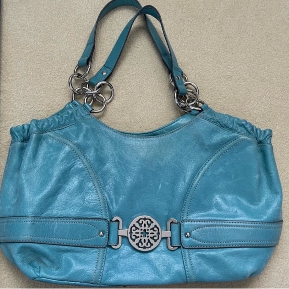 Leather Shoulder Bag Turquoise & Silver Tone Magnetic Closure & Zippered Pockets